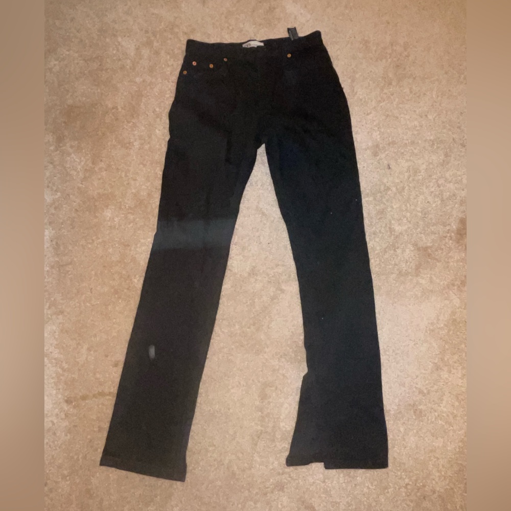Zara black high waisted straight leg jeans with split bottom